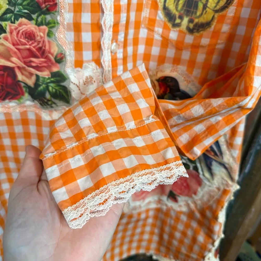 Vintage style bird floral lace appliqué upcycled dopamine shirt - Picture 4 of 11